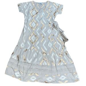Greek Archaic Kori Geometric Metallic Embroidered‎ Wrap Dress Midi Large